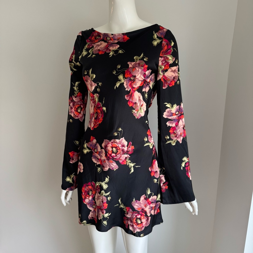 Bailey Rose black floral longsleeve low back satin mini dress